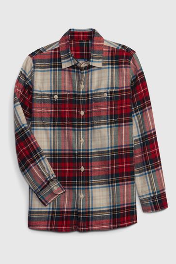 Red Organic Cotton Long Sleeve Flannel Shirt
