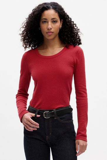 Berry Red Waffle-Knit Crew Neck Long Sleeve T-Shirt
