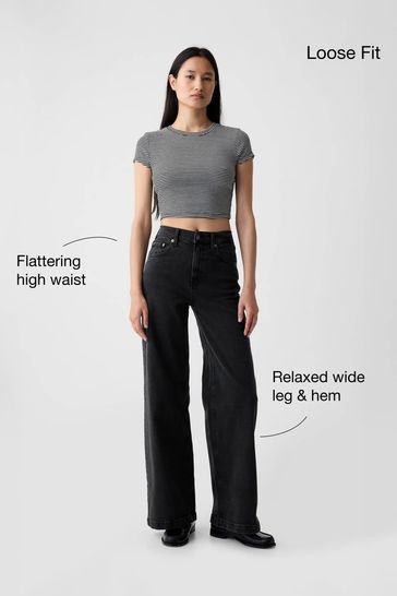 Buy Black High Waisted Wide Leg Jeans from the Gap online shop GIBSON U / WIDE-LEG USED DENIM JEANS BK