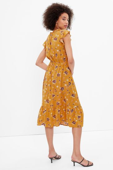 Gap Mini Yellow Floral Tiered Flutter Midi Dress