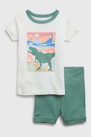 White Organic Cotton Dino Pyjama Shorts Set