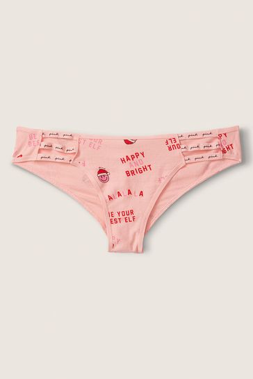 Victoria's Secret PINK Rosy Nectarine with Santa Smiles Pink Cotton Strappy Logo Cheeky Knickers