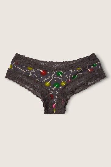 Victoria's Secret PINK Charcoal Grey Christmas Lights Cotton Lace Trim Cheeky Knicker