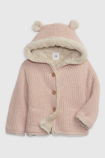 Pink Sherpa Lined Button Up Bear Hoodie