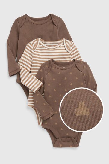 Brown 3 Pack Long Sleeve Baby Bodysuit