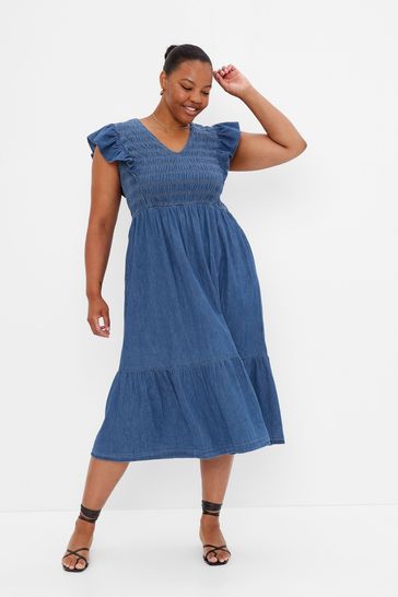 Gap Blue Oraganic Cotton Smocked Flutter Sleeve V Neck Denim Midi Dress