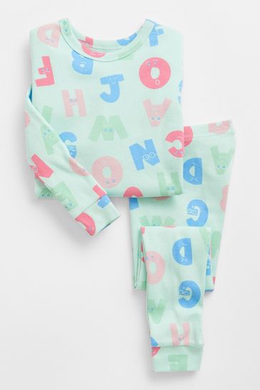 Green Alphabet Print Long Sleeve Pyjama Set