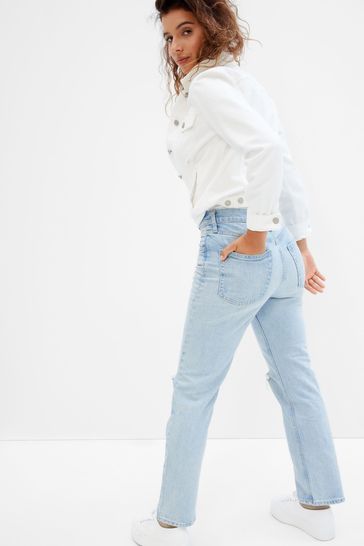 Gap Light Wash Blue High Waisted Ripped Straight Jeans