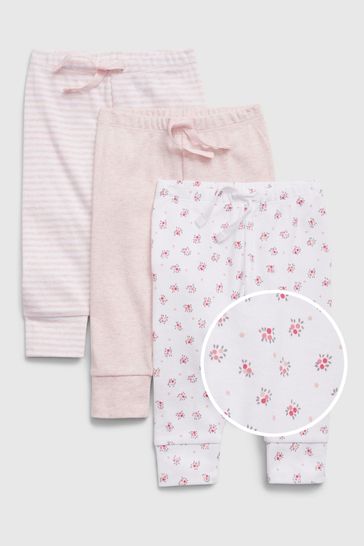 Pink And White Print Organic Cotton Joggers 3-Pack - Baby