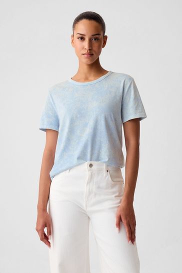 Blue Organic Cotton Vintage Crew Neck T-Shirt