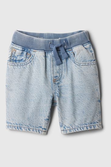 Gap Light Blue Dark Wash Denim Rib Waist Baby Pull On Shorts 6mths 5yrs