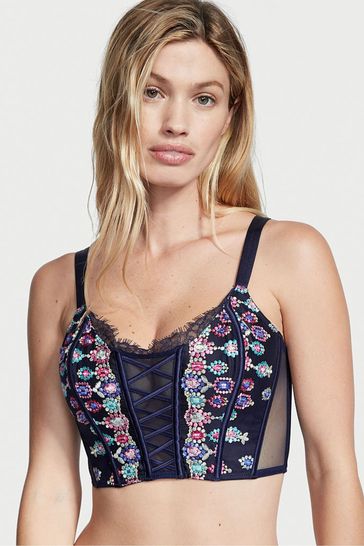 Victoria's Secret Noir Navy Blue Embroidered Unlined Non Wired Corset Bra  Top