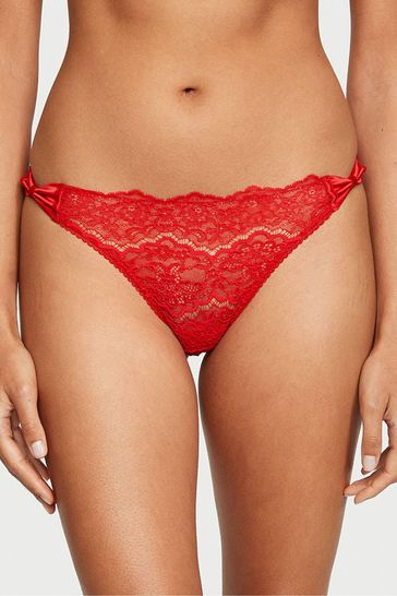 Victoria's Secret Lipstick Red Satin Bow Lace Thong Knickers