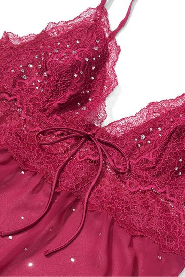 Victoria's Secret Claret Red Stretch Lace Chiffon Cami Set with Rhinestones