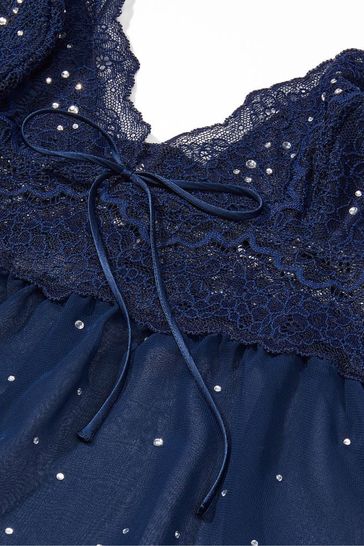 Victoria's Secret Noir Navy Blue Stretch Lace Chiffon Cami Set with  Rhinestones