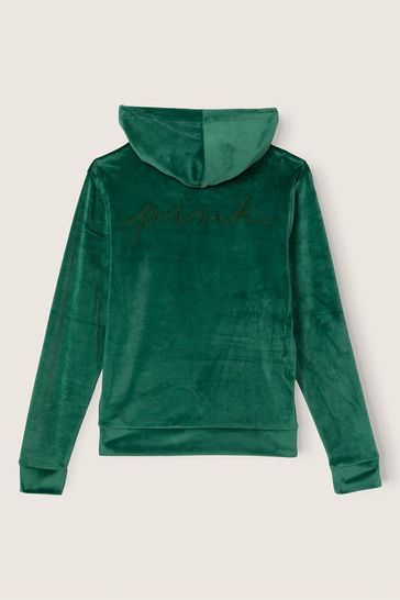 Victoria s Secret PINK Satin Green Velour Zip Up Hoodie