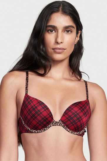 Victoria's Secret Red Simple Plaid with Leopard Sexy Tee Push Up Bra