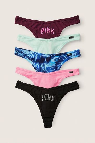 Victoria's Secret PINK Black/Pink/Blue/Green Logo Thong Cotton Knickers Multipack