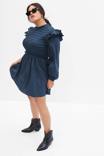 Gap Blue Smocked Ruffle Long Sleeve Mini Dress