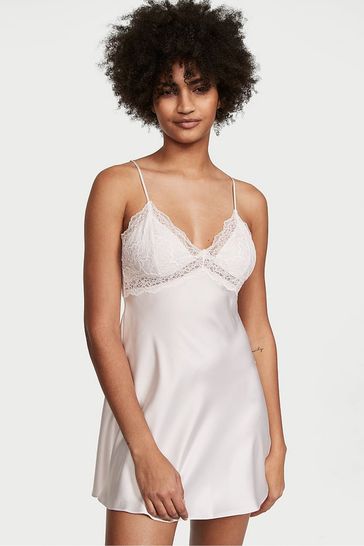 Victoria's Secret Coconut White Lace Plunge Open  Back Slip Dress