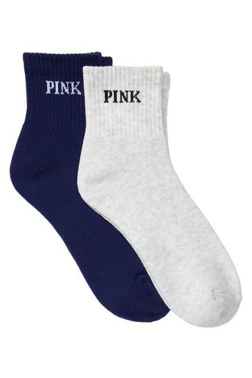 Victoria's Secret PINK Heather Stone Grey And Midnight Navy Blue Quarter Sock 2 Pack