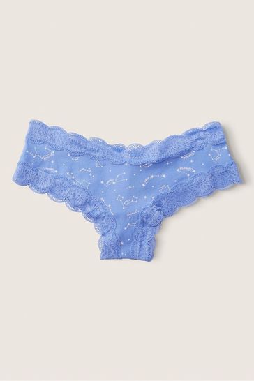 Victoria's Secret PINK Cornflower Blue Constellation Print Blue Lace Trim Cheeky Knickers