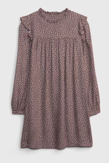 Gap Brown Long Sleeve Ruffle Round Neck Dress