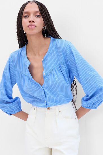 Gap Blue Button Front Long Sleeve Blouse