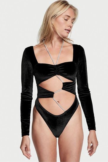 Victoria's Secret Black Long Sleeve Velvet Bodysuit