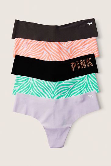 Victoria's Secret PINK Black/Orange/Purple/Green Zebra Print Thong Smooth No Show Knickers Multipack