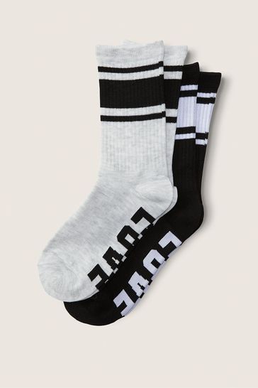 Victoria's Secret PINK Pure Black and Heather Stone Grey Crew Sock 2 Pack