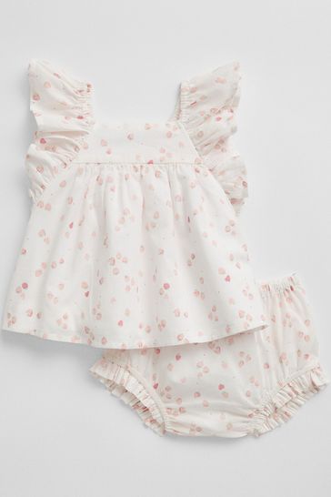 Gap White Strawberry Print Ruffle Short Sleeve Baby Dress Set