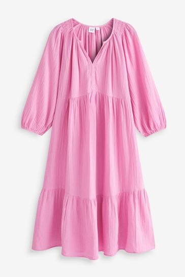 Gap Pink Gauze V Neck Long Puff Sleeve Midi Dress