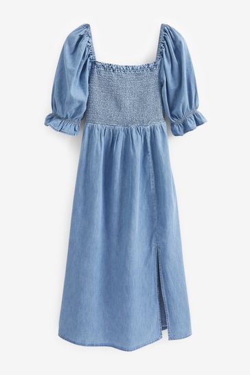 Buy Gap Puff Sleeve Square Neck Denim Midi Dress from the Gap
