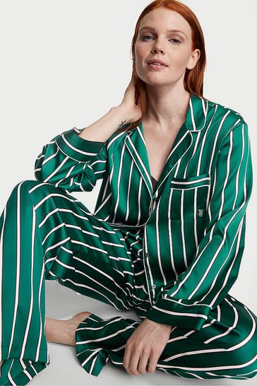 Victoria's Secret Black Ivy Green Classic Stripe Satin Long Pyjamas