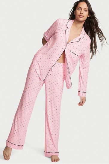 Victoria's Secret Pretty Blossom Pink Logo Pin Dot Modal Long Pyjamas