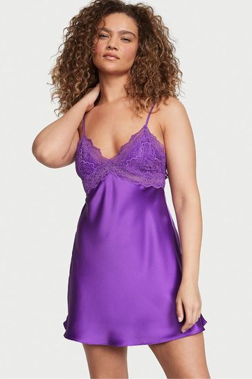 Victoria's Secret Violetta Purple Satin Lace Plunge Open  Back Slip Dress