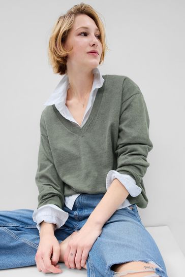 Gap Green Linen Blend V Neck Jumper