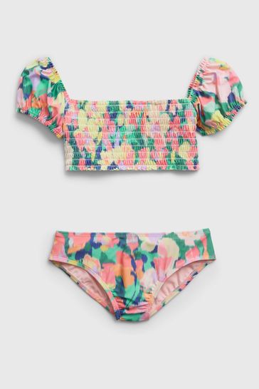 Gap Pink/Yellow/Green Floral Puff Sleeve Bikini