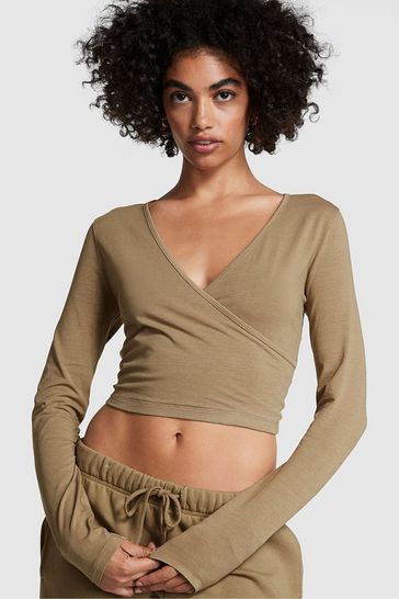 Victoria's Secret PINK Dusted Olive Green Long Sleeve Wrap Top