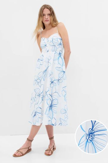 Gap White Blue Floral Linen Blend Corset Midi Dress