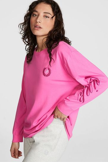 Victoria's Secret PINK Sizzling Strawberry Pink Long Sleeve Oversized Campus T-Shirt