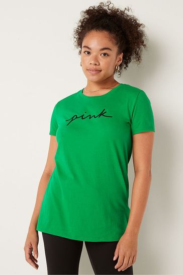 Victoria's Secret PINK Happy Camper Green Logo Short Sleeve T-Shirt
