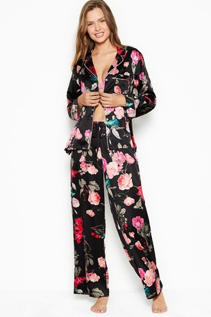 Victoria's Secret Black Peony Floral Satin Stripe Long Pyjamas