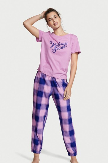 Victoria's Secret Lilac Purple Shine Plaid Short Sleeve T-Shirt Flannel Pyjamas