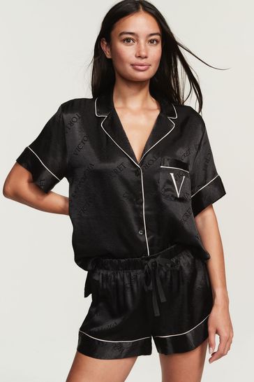 Victoria's Secret Black Logo Stripe Satin Short Pyjamas