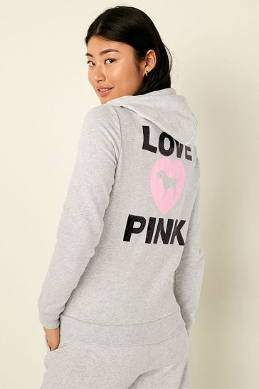 Victoria s Secret PINK Heather Stone Grey Pink Originals Fleece Zip Up Perfect Hoodie