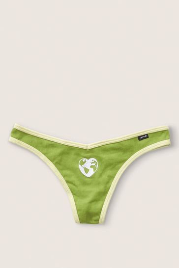 Victoria's Secret PINK Sour Green With Earth Graphic Cotton Thong Knicker