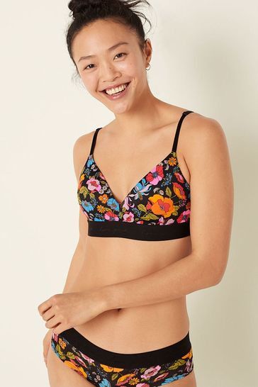Victoria's Secret PINK Pure Black Retro Flowers Smooth Lightly Lined Non Wired T-Shirt Bra