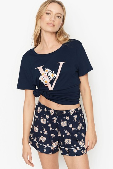 Victoria's Secret Noir Navy Blue Daisy Cotton T-Shirt Short Pyjamas